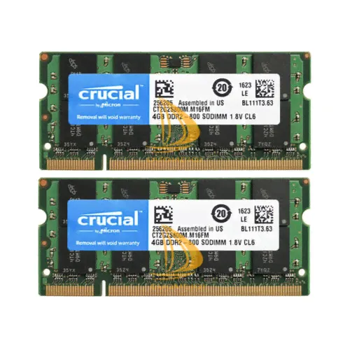 8GB Crucial 2X 4GB 4G DDR2-800MHz PC2-6400S 2RX8 200PIN SODIMM Laptop Memory RAM